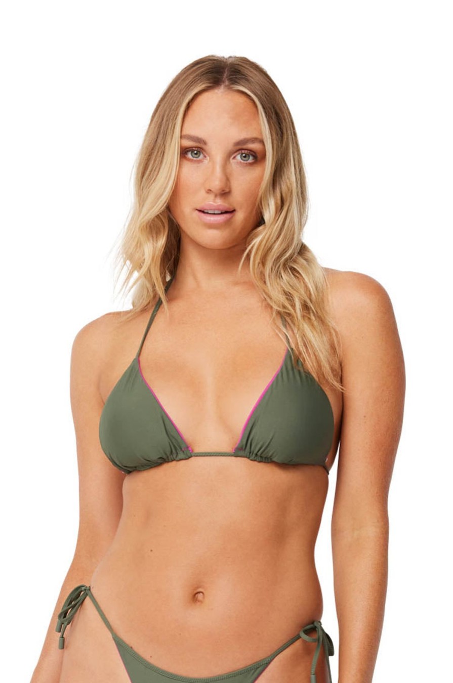 Monte & Lou Reversible Slide Tri Bikini Top Khaki Berry | Bikini Tops