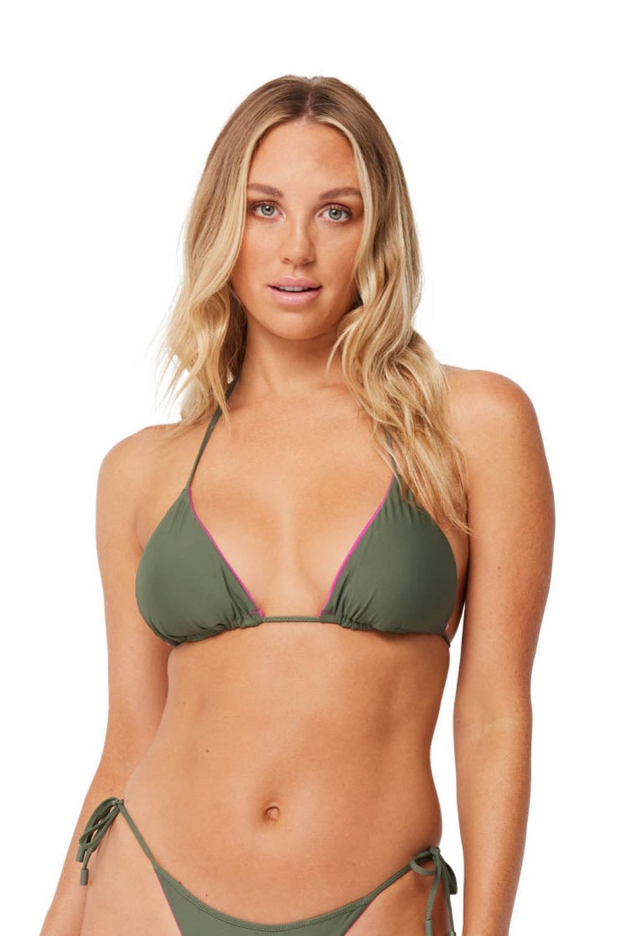 Monte & Lou Reversible Slide Tri Bikini Top Khaki Berry | Bikini Tops